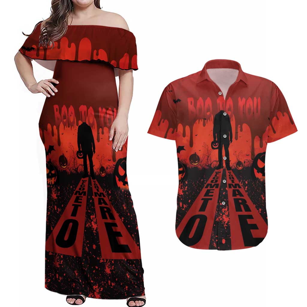 Halloween Nightmare Couples Matching Off Shoulder Maxi Dress and Hawaiian Shirt Pumpkin-faced Jack O Lantern With a Scary Smile Blood Vibe - Wonder Print Shop