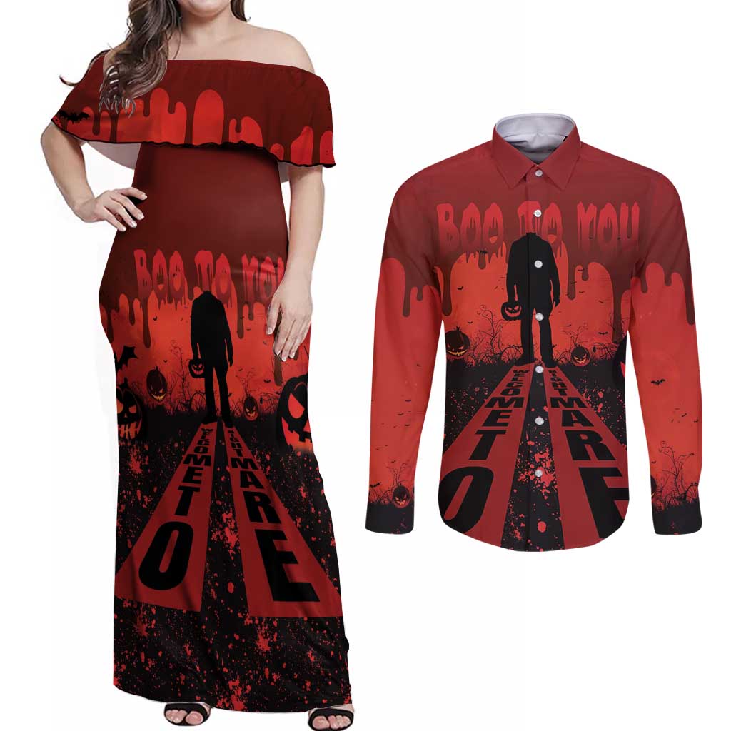 Halloween Nightmare Couples Matching Off Shoulder Maxi Dress and Long Sleeve Button Shirt Pumpkin-faced Jack O Lantern With a Scary Smile Blood Vibe - Wonder Print Shop
