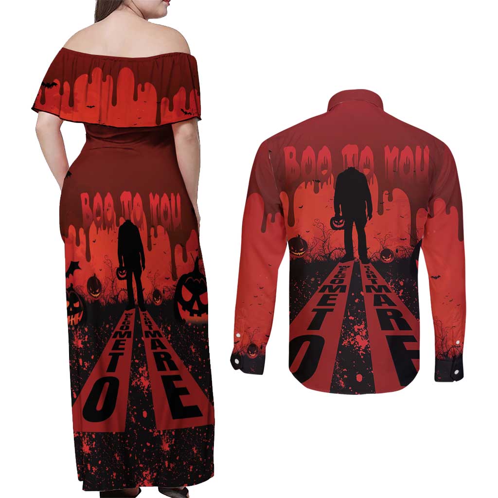 Halloween Nightmare Couples Matching Off Shoulder Maxi Dress and Long Sleeve Button Shirt Pumpkin-faced Jack O Lantern With a Scary Smile Blood Vibe - Wonder Print Shop