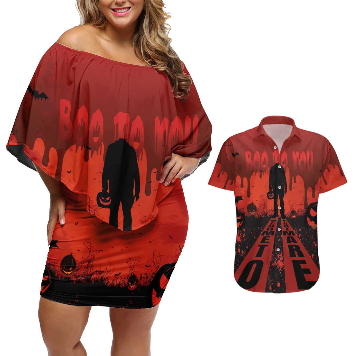 Halloween Nightmare Couples Matching Off Shoulder Short Dress and Hawaiian Shirt Pumpkin-faced Jack O Lantern With a Scary Smile Blood Vibe - Wonder Print Shop