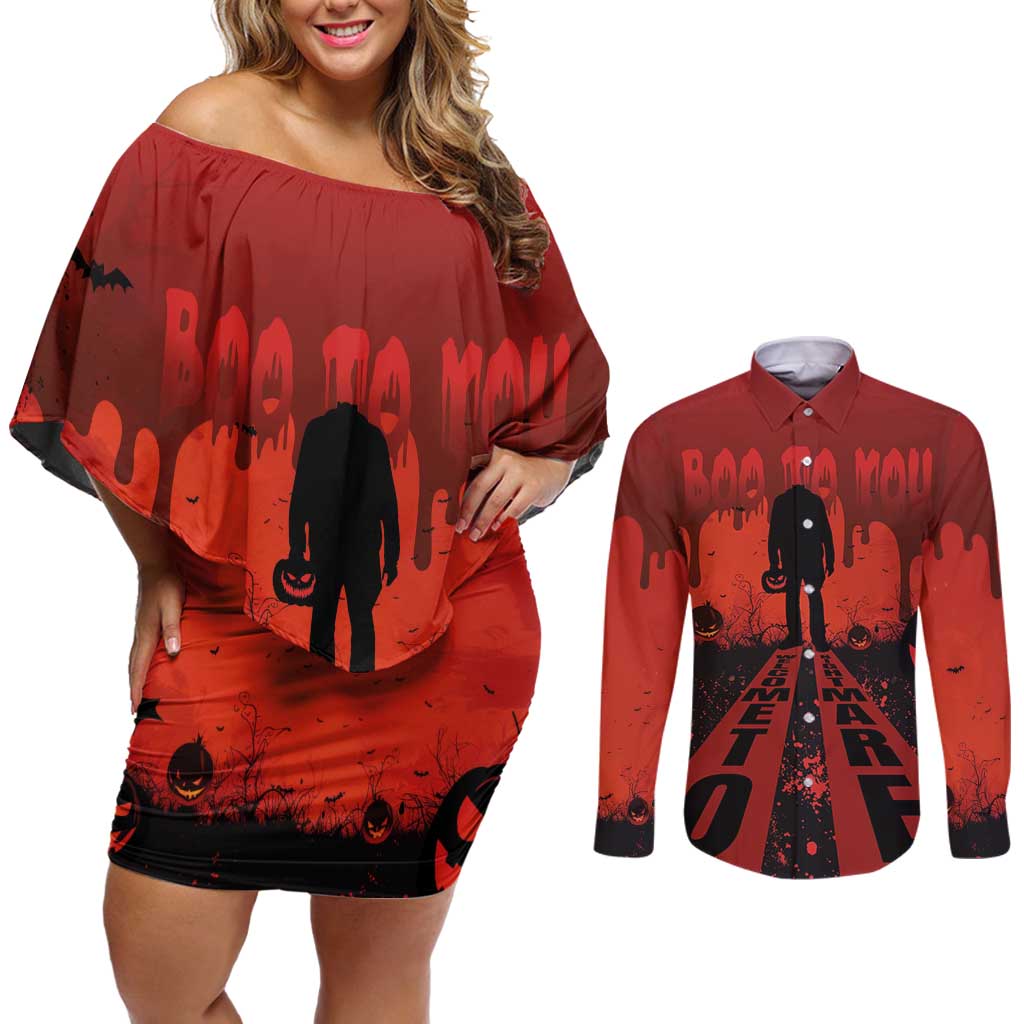 Halloween Nightmare Couples Matching Off Shoulder Short Dress and Long Sleeve Button Shirt Pumpkin-faced Jack O Lantern With a Scary Smile Blood Vibe - Wonder Print Shop