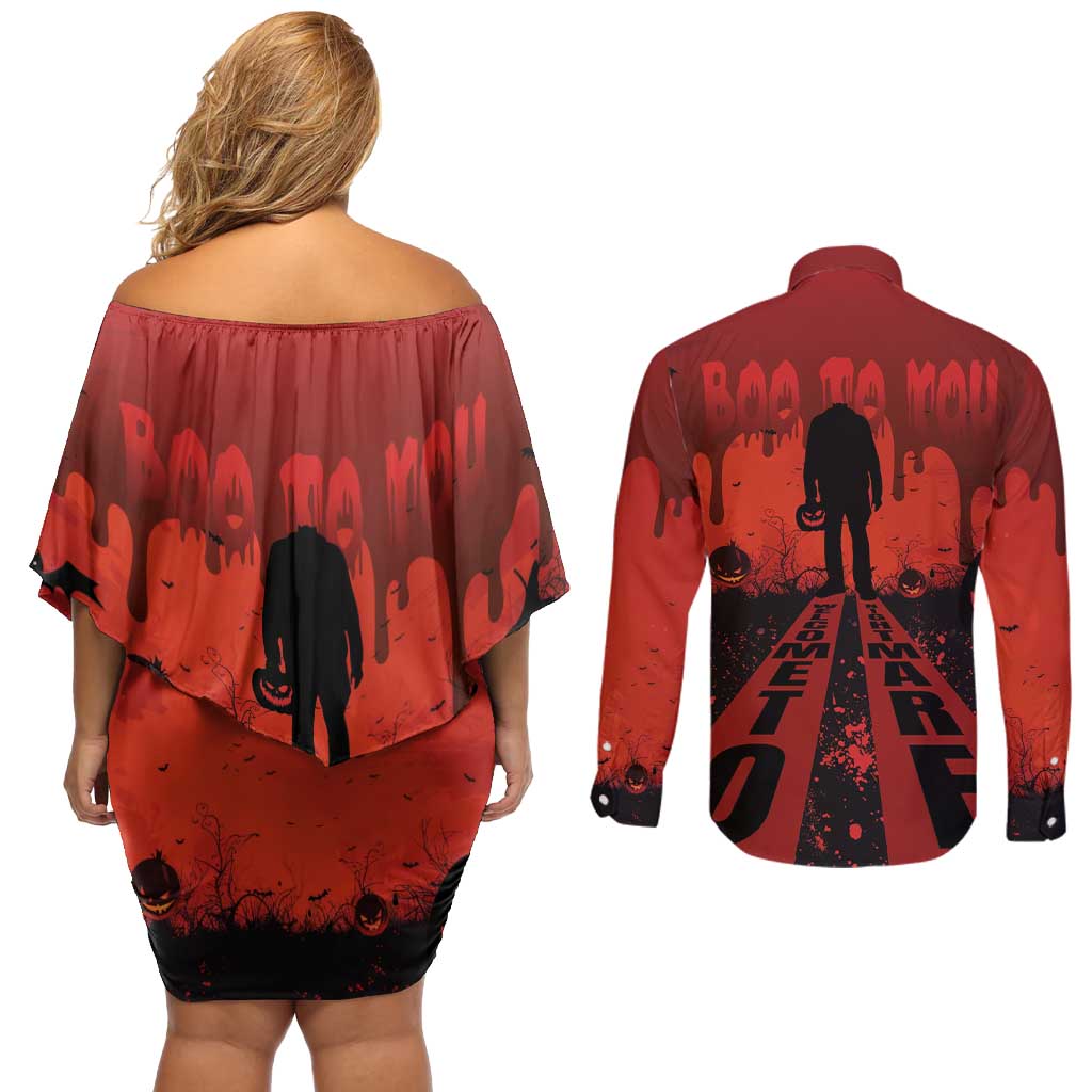 Halloween Nightmare Couples Matching Off Shoulder Short Dress and Long Sleeve Button Shirt Pumpkin-faced Jack O Lantern With a Scary Smile Blood Vibe - Wonder Print Shop
