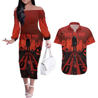 Halloween Nightmare Couples Matching Off The Shoulder Long Sleeve Dress and Hawaiian Shirt Pumpkin-faced Jack O Lantern With a Scary Smile Blood Vibe - Wonder Print Shop