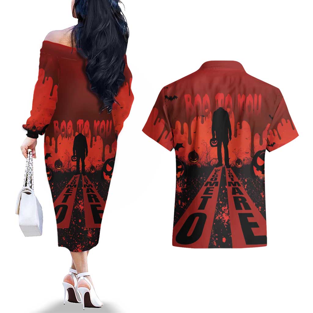 Halloween Nightmare Couples Matching Off The Shoulder Long Sleeve Dress and Hawaiian Shirt Pumpkin-faced Jack O Lantern With a Scary Smile Blood Vibe - Wonder Print Shop