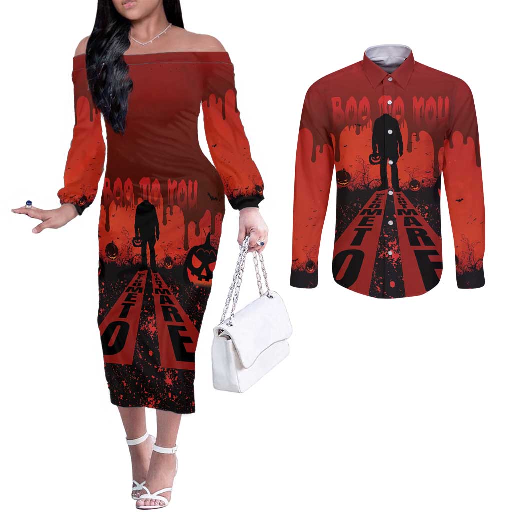 Halloween Nightmare Couples Matching Off The Shoulder Long Sleeve Dress and Long Sleeve Button Shirt Pumpkin-faced Jack O Lantern With a Scary Smile Blood Vibe