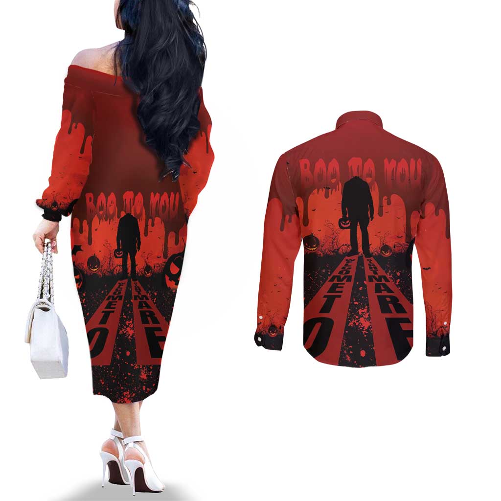 Halloween Nightmare Couples Matching Off The Shoulder Long Sleeve Dress and Long Sleeve Button Shirt Pumpkin-faced Jack O Lantern With a Scary Smile Blood Vibe