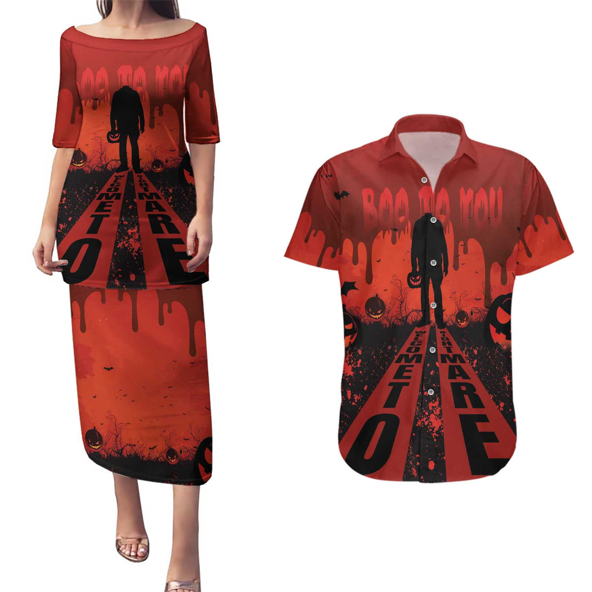 Halloween Nightmare Couples Matching Puletasi and Hawaiian Shirt Pumpkin-faced Jack O Lantern With a Scary Smile Blood Vibe - Wonder Print Shop