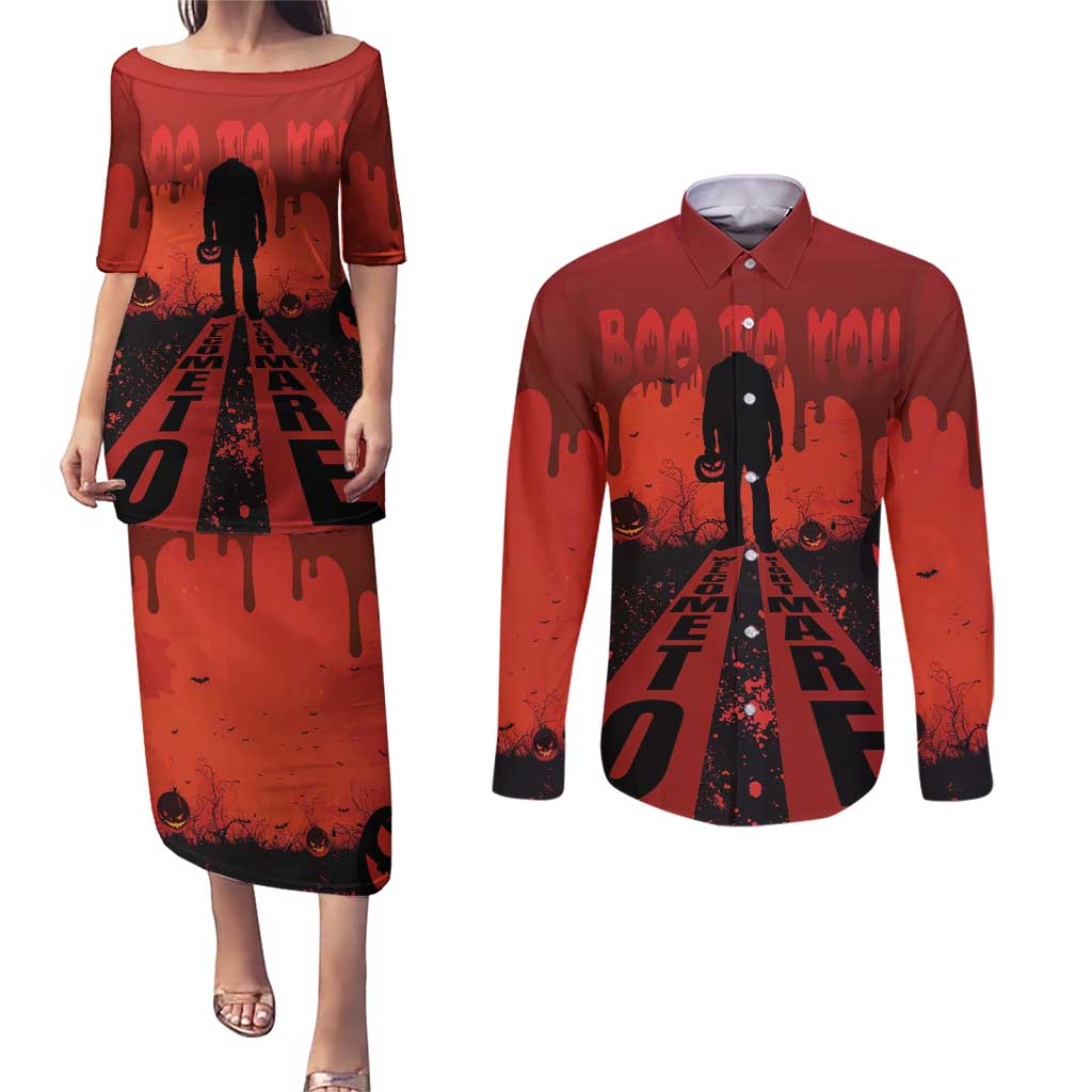 Halloween Nightmare Couples Matching Puletasi and Long Sleeve Button Shirt Pumpkin-faced Jack O Lantern With a Scary Smile Blood Vibe - Wonder Print Shop