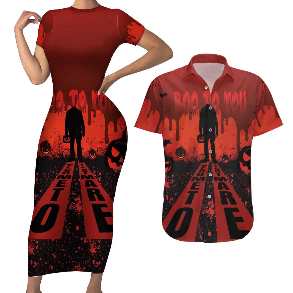 Halloween Nightmare Couples Matching Short Sleeve Bodycon Dress and Hawaiian Shirt Pumpkin-faced Jack O Lantern With a Scary Smile Blood Vibe - Wonder Print Shop