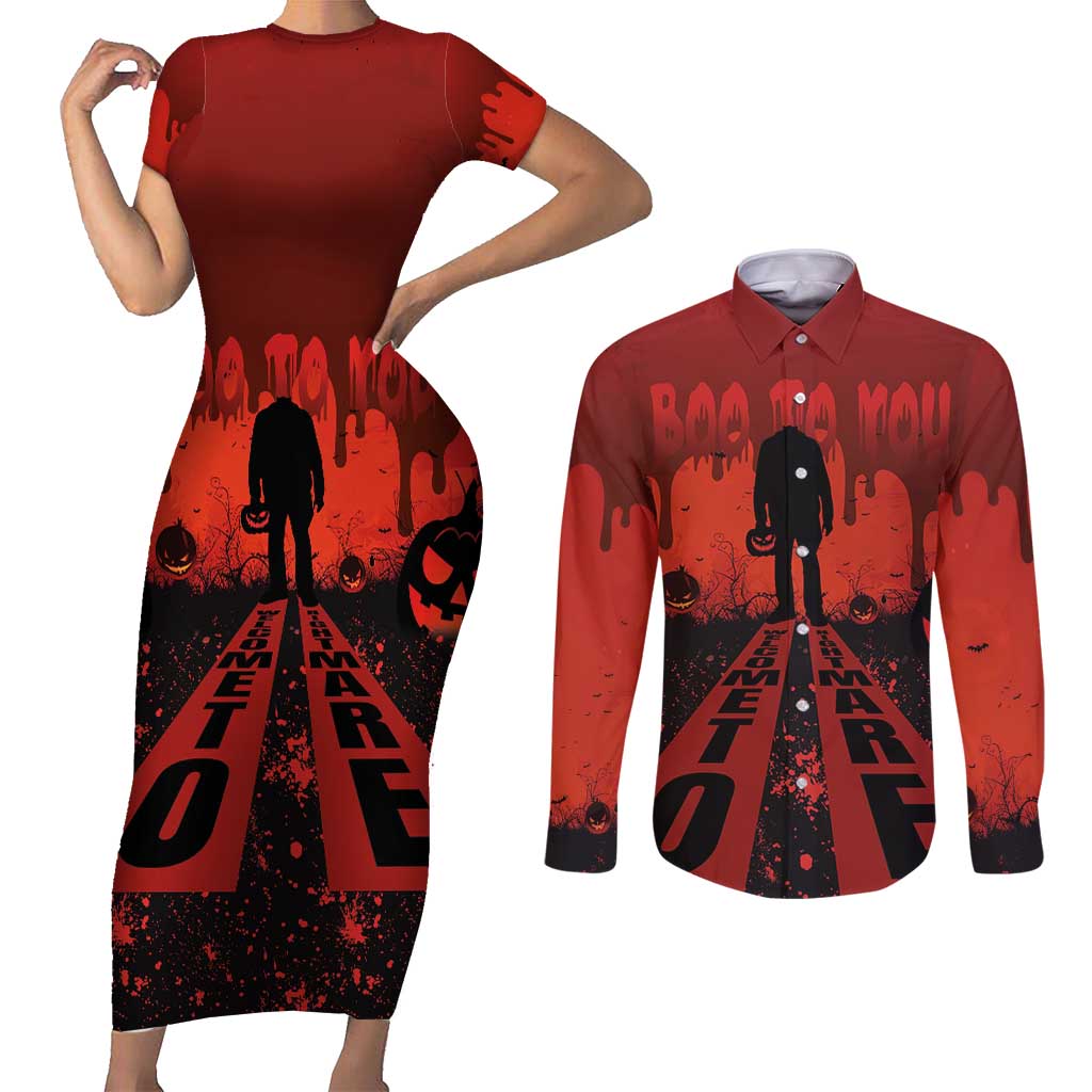 Halloween Nightmare Couples Matching Short Sleeve Bodycon Dress and Long Sleeve Button Shirt Pumpkin-faced Jack O Lantern With a Scary Smile Blood Vibe - Wonder Print Shop