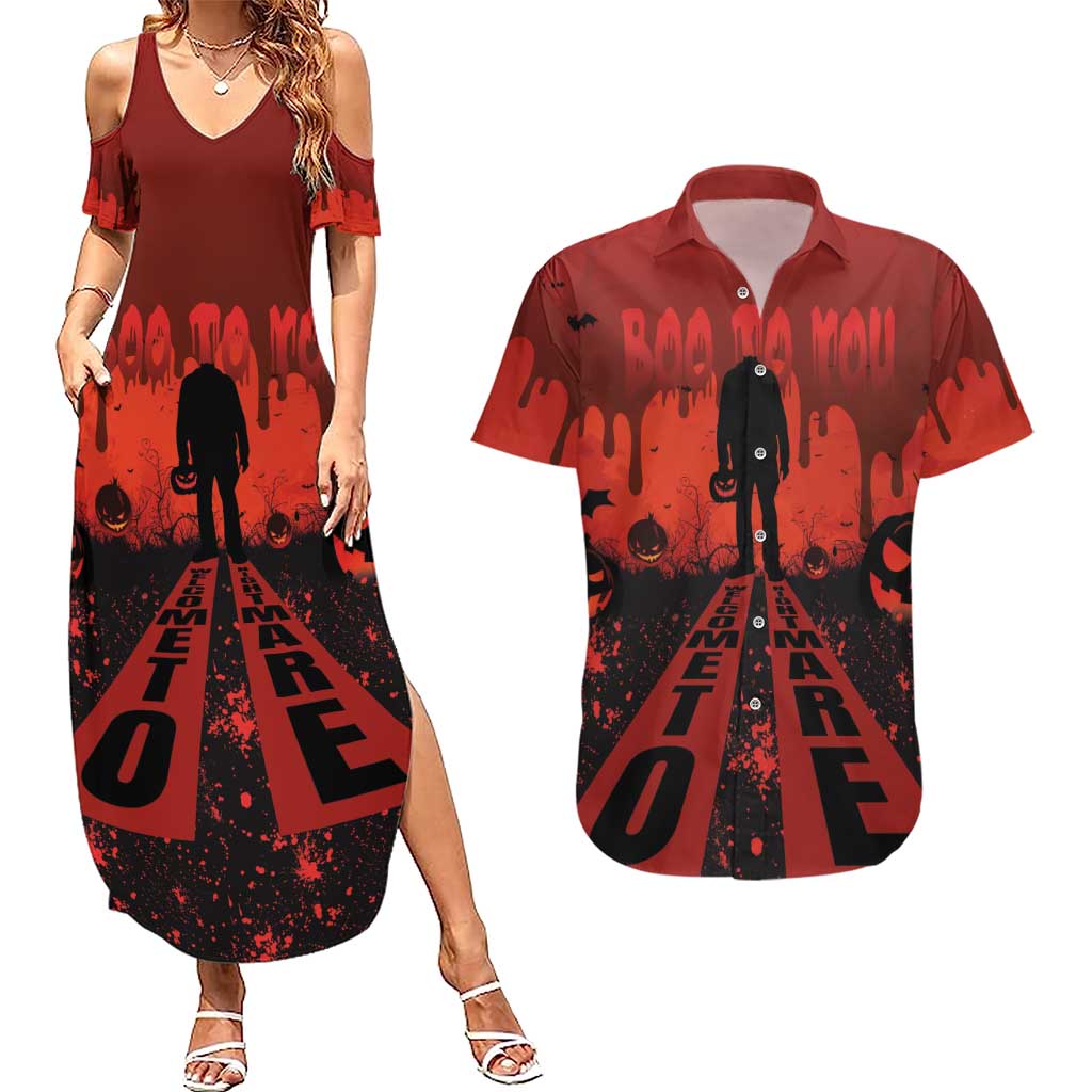 Halloween Nightmare Couples Matching Summer Maxi Dress and Hawaiian Shirt Pumpkin-faced Jack O Lantern With a Scary Smile Blood Vibe - Wonder Print Shop