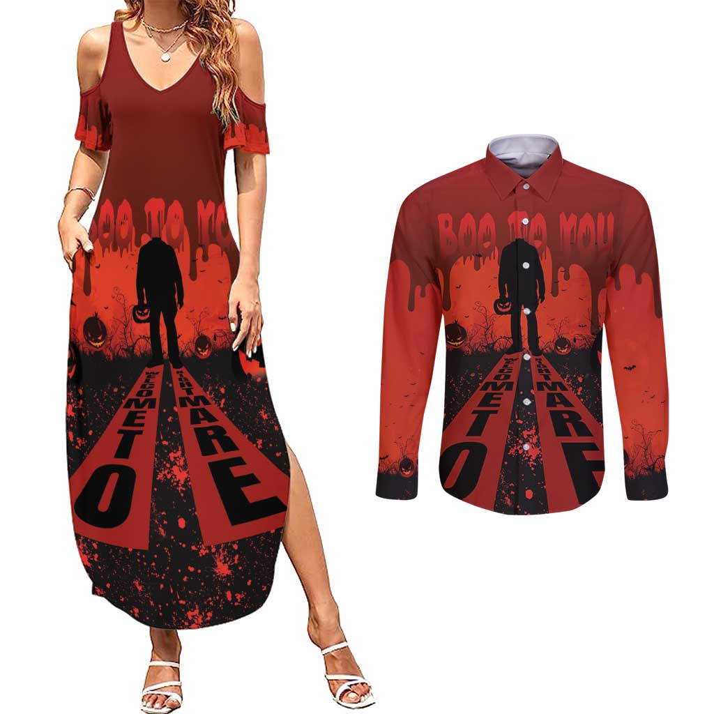 Halloween Nightmare Couples Matching Summer Maxi Dress and Long Sleeve Button Shirt Pumpkin-faced Jack O Lantern With a Scary Smile Blood Vibe - Wonder Print Shop