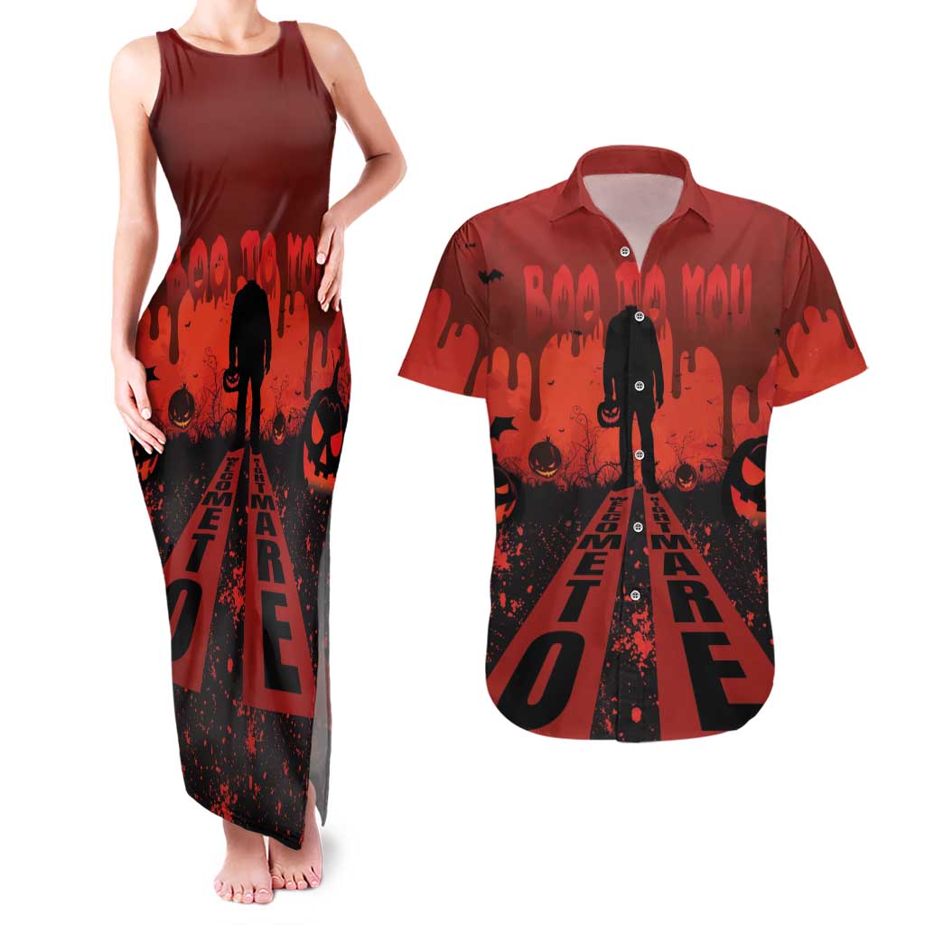 Halloween Nightmare Couples Matching Tank Maxi Dress and Hawaiian Shirt Pumpkin-faced Jack O Lantern With a Scary Smile Blood Vibe - Wonder Print Shop