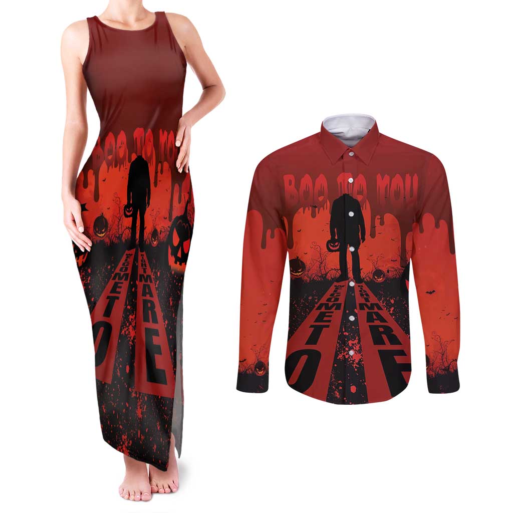 Halloween Nightmare Couples Matching Tank Maxi Dress and Long Sleeve Button Shirt Pumpkin-faced Jack O Lantern With a Scary Smile Blood Vibe - Wonder Print Shop