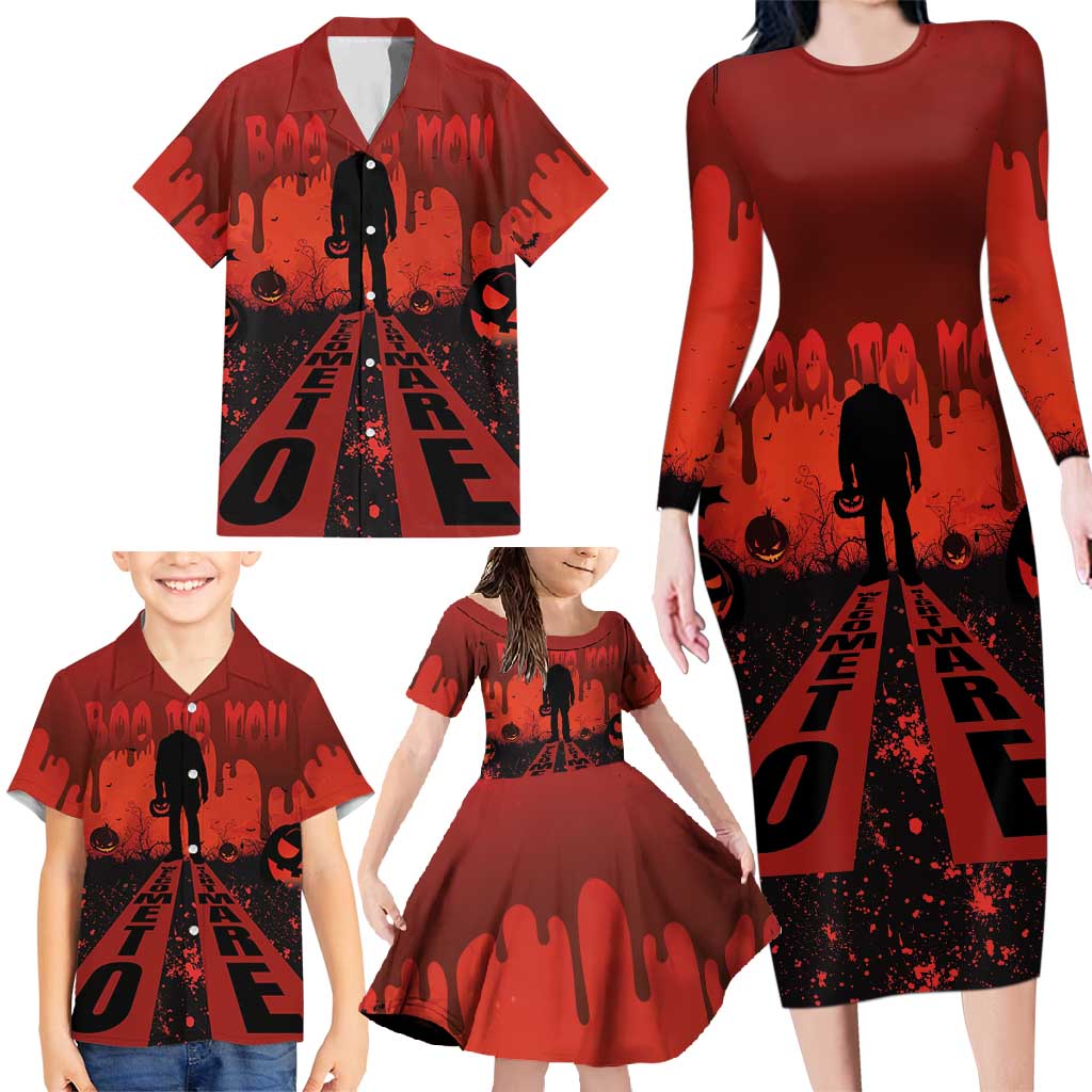 Halloween Nightmare Family Matching Long Sleeve Bodycon Dress and Hawaiian Shirt Pumpkin-faced Jack O Lantern With a Scary Smile Blood Vibe - Wonder Print Shop