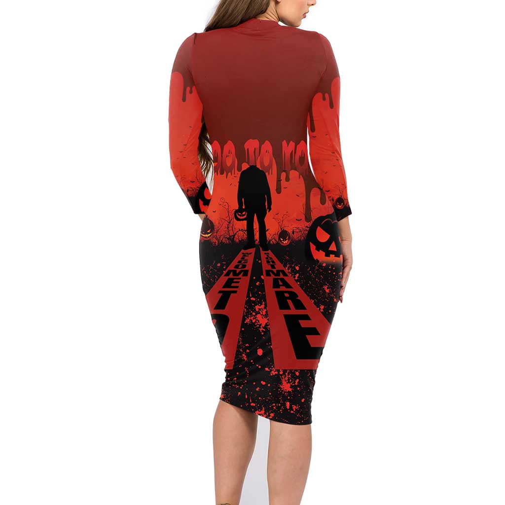 Halloween Nightmare Family Matching Long Sleeve Bodycon Dress and Hawaiian Shirt Pumpkin-faced Jack O Lantern With a Scary Smile Blood Vibe - Wonder Print Shop