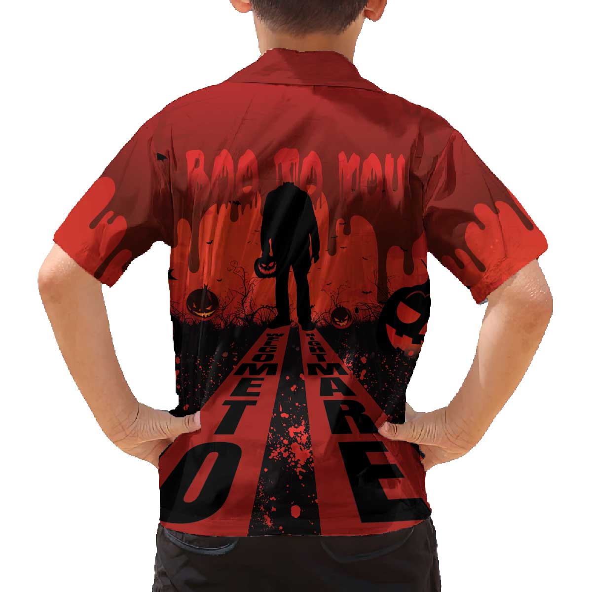 Halloween Nightmare Family Matching Off The Shoulder Long Sleeve Dress and Hawaiian Shirt Pumpkin-faced Jack O Lantern With a Scary Smile Blood Vibe - Wonder Print Shop