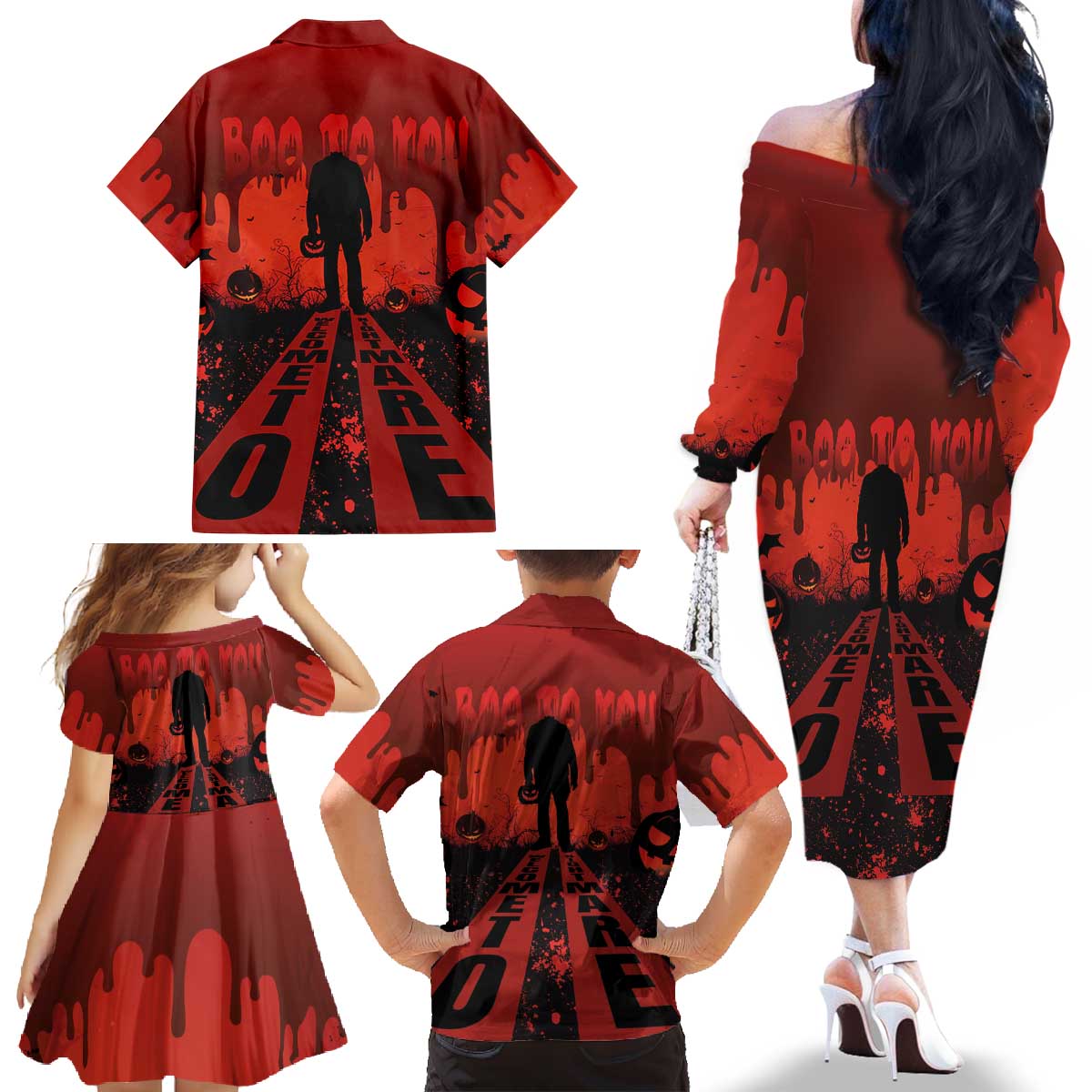 Halloween Nightmare Family Matching Off The Shoulder Long Sleeve Dress and Hawaiian Shirt Pumpkin-faced Jack O Lantern With a Scary Smile Blood Vibe - Wonder Print Shop