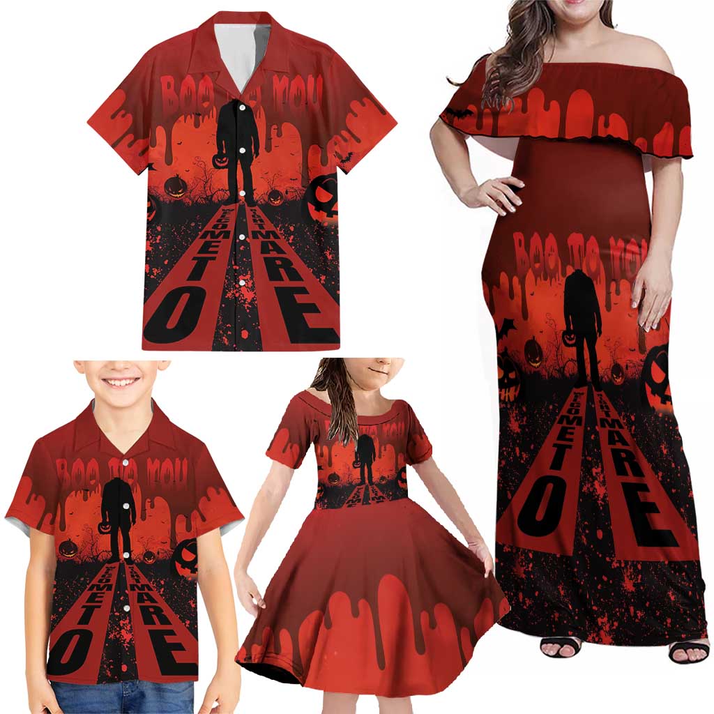 Halloween Nightmare Family Matching Off Shoulder Maxi Dress and Hawaiian Shirt Pumpkin-faced Jack O Lantern With a Scary Smile Blood Vibe - Wonder Print Shop