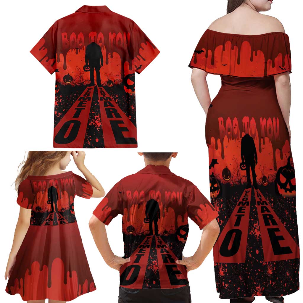 Halloween Nightmare Family Matching Off Shoulder Maxi Dress and Hawaiian Shirt Pumpkin-faced Jack O Lantern With a Scary Smile Blood Vibe - Wonder Print Shop