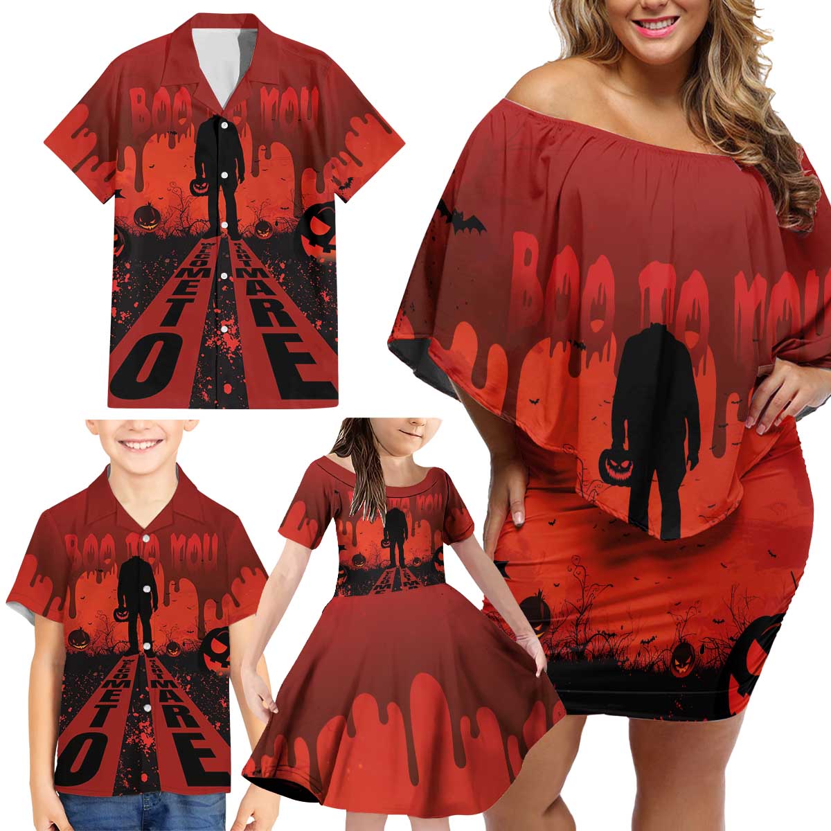 Halloween Nightmare Family Matching Off Shoulder Short Dress and Hawaiian Shirt Pumpkin-faced Jack O Lantern With a Scary Smile Blood Vibe - Wonder Print Shop