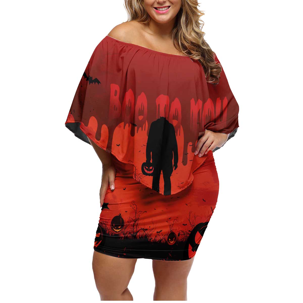 Halloween Nightmare Family Matching Off Shoulder Short Dress and Hawaiian Shirt Pumpkin-faced Jack O Lantern With a Scary Smile Blood Vibe - Wonder Print Shop