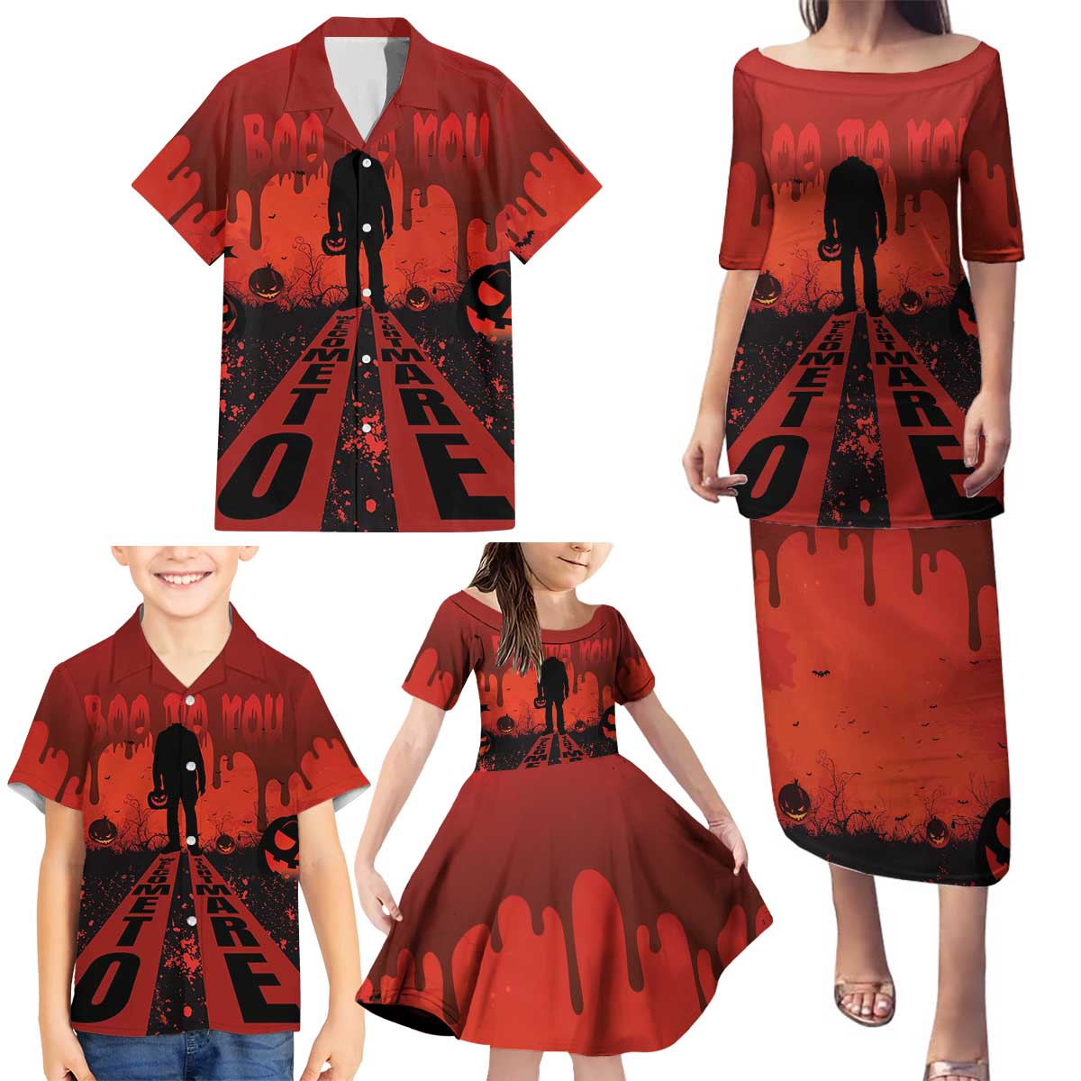 Halloween Nightmare Family Matching Puletasi and Hawaiian Shirt Pumpkin-faced Jack O Lantern With a Scary Smile Blood Vibe - Wonder Print Shop