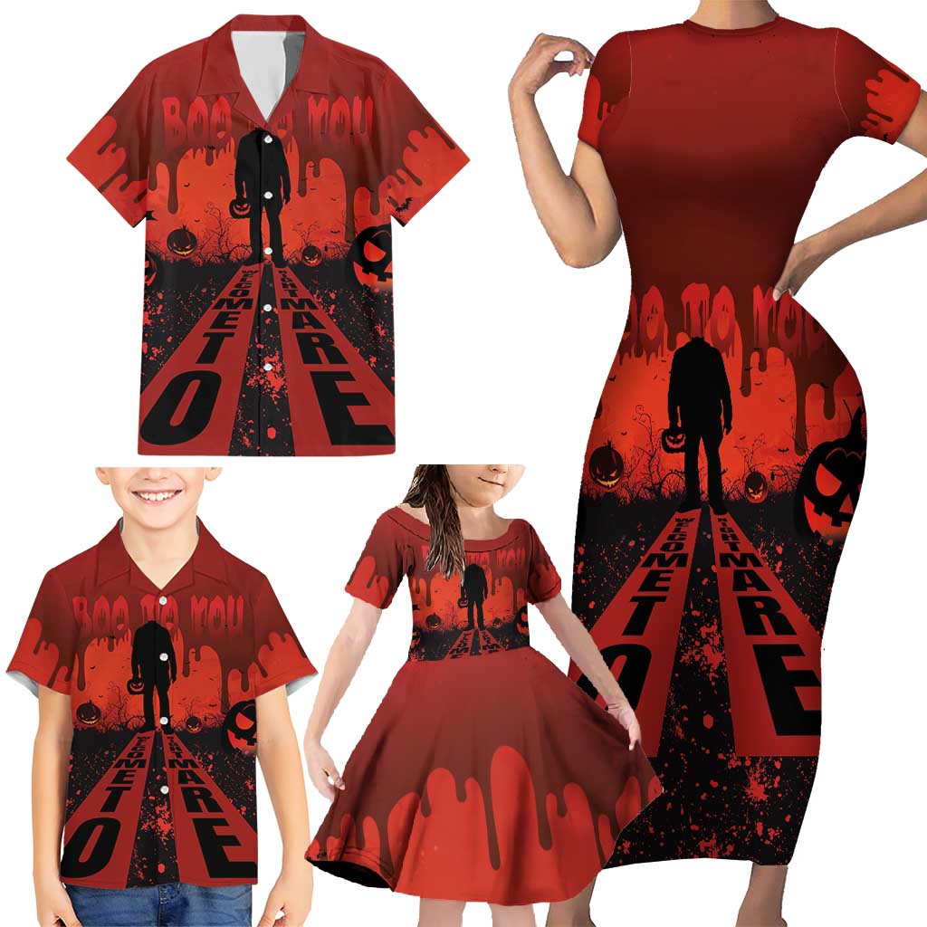 Halloween Nightmare Family Matching Short Sleeve Bodycon Dress and Hawaiian Shirt Pumpkin-faced Jack O Lantern With a Scary Smile Blood Vibe - Wonder Print Shop
