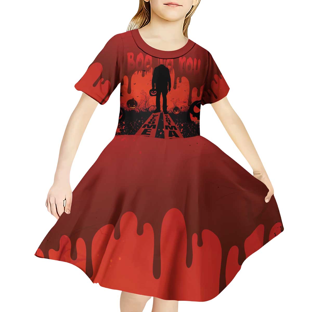 Halloween Nightmare Kid Short Sleeve Dress Pumpkin-faced Jack O Lantern With a Scary Smile Blood Vibe - Wonder Print Shop