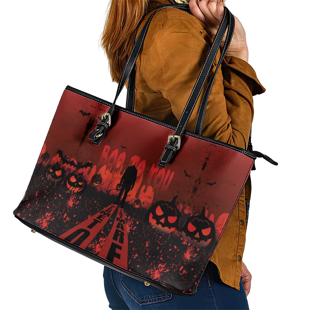 Halloween Nightmare Leather Tote Bag Pumpkin-faced Jack O Lantern With a Scary Smile Blood Vibe - Wonder Print Shop