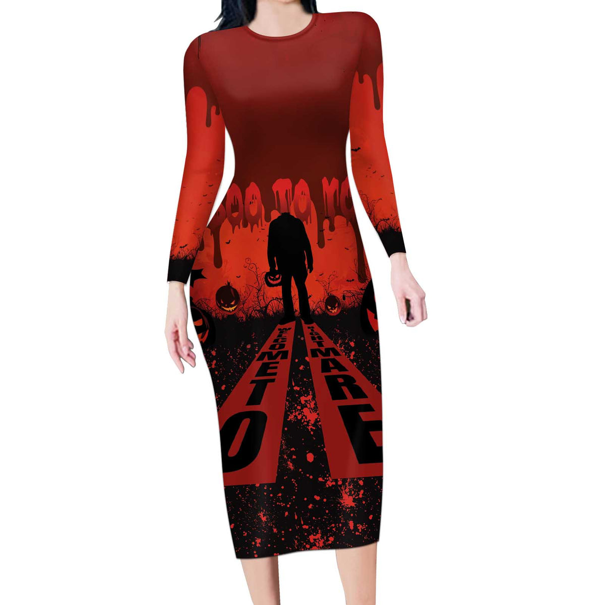 Halloween Nightmare Long Sleeve Bodycon Dress Pumpkin-faced Jack O Lantern With a Scary Smile Blood Vibe - Wonder Print Shop