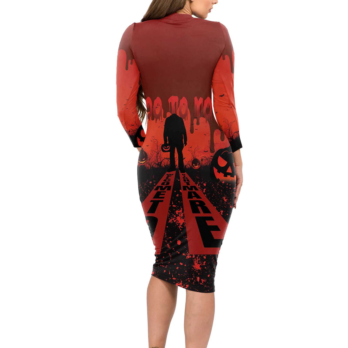Halloween Nightmare Long Sleeve Bodycon Dress Pumpkin-faced Jack O Lantern With a Scary Smile Blood Vibe - Wonder Print Shop