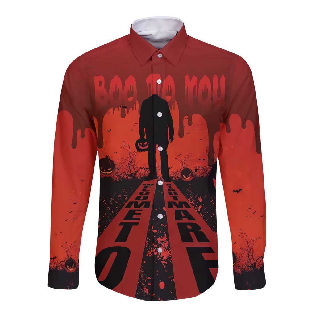 Halloween Nightmare Long Sleeve Button Shirt Pumpkin-faced Jack O Lantern With a Scary Smile Blood Vibe - Wonder Print Shop