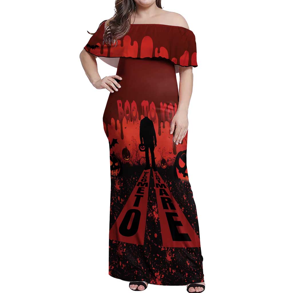 Halloween Nightmare Off Shoulder Maxi Dress Pumpkin-faced Jack O Lantern With a Scary Smile Blood Vibe - Wonder Print Shop