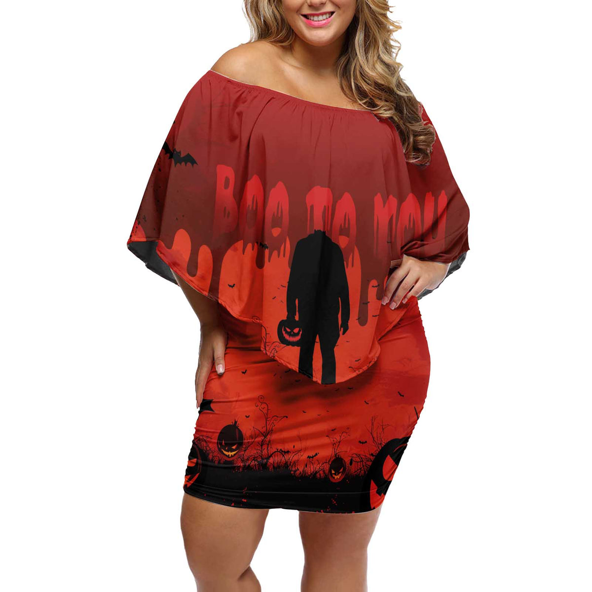 Halloween Nightmare Off Shoulder Short Dress Pumpkin-faced Jack O Lantern With a Scary Smile Blood Vibe - Wonder Print Shop