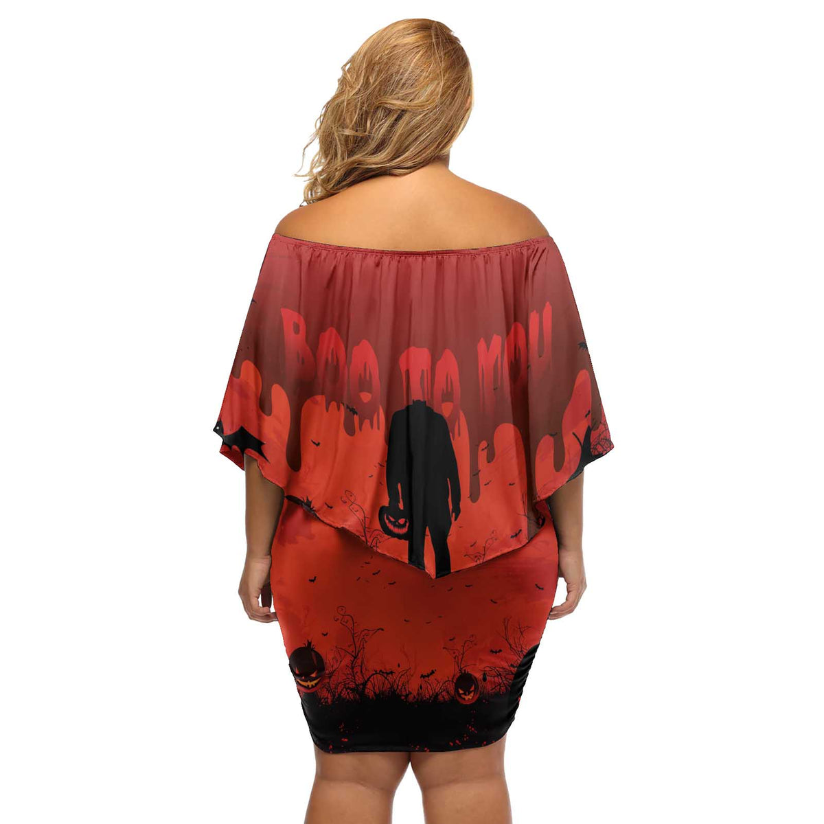 Halloween Nightmare Off Shoulder Short Dress Pumpkin-faced Jack O Lantern With a Scary Smile Blood Vibe - Wonder Print Shop