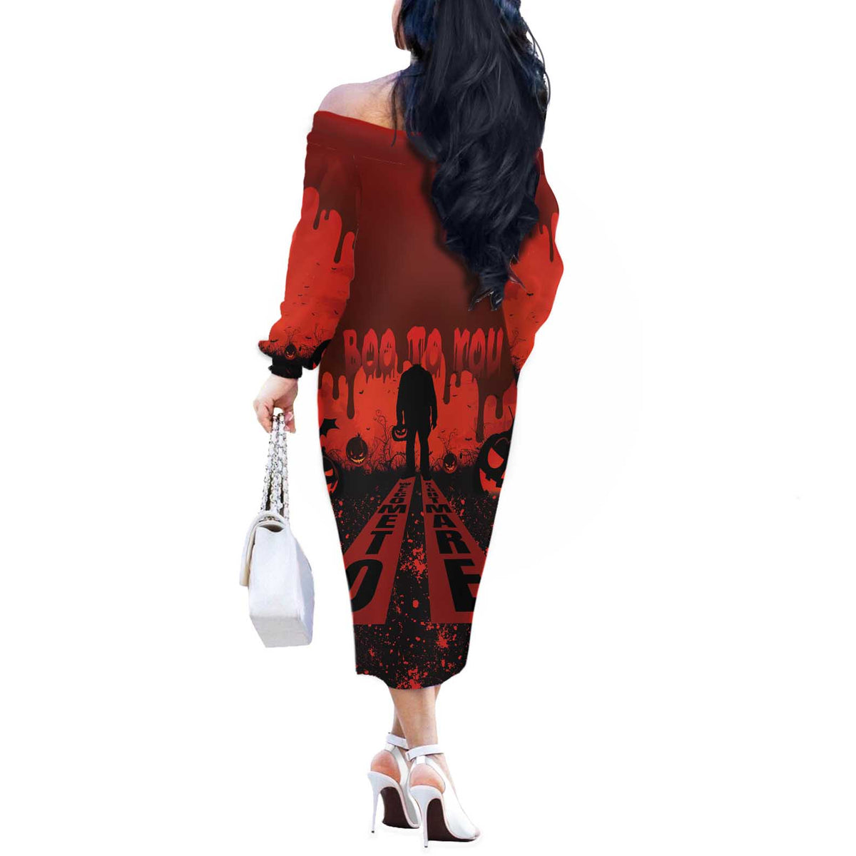 Halloween Nightmare Off The Shoulder Long Sleeve Dress Pumpkin-faced Jack O Lantern With a Scary Smile Blood Vibe - Wonder Print Shop