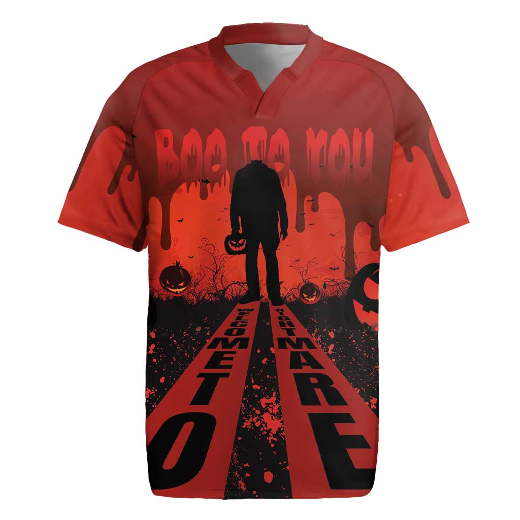 Halloween Nightmare Rugby Jersey Pumpkin-faced Jack O Lantern With a Scary Smile Blood Vibe - Wonder Print Shop