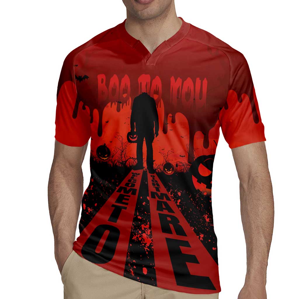 Halloween Nightmare Rugby Jersey Pumpkin-faced Jack O Lantern With a Scary Smile Blood Vibe - Wonder Print Shop