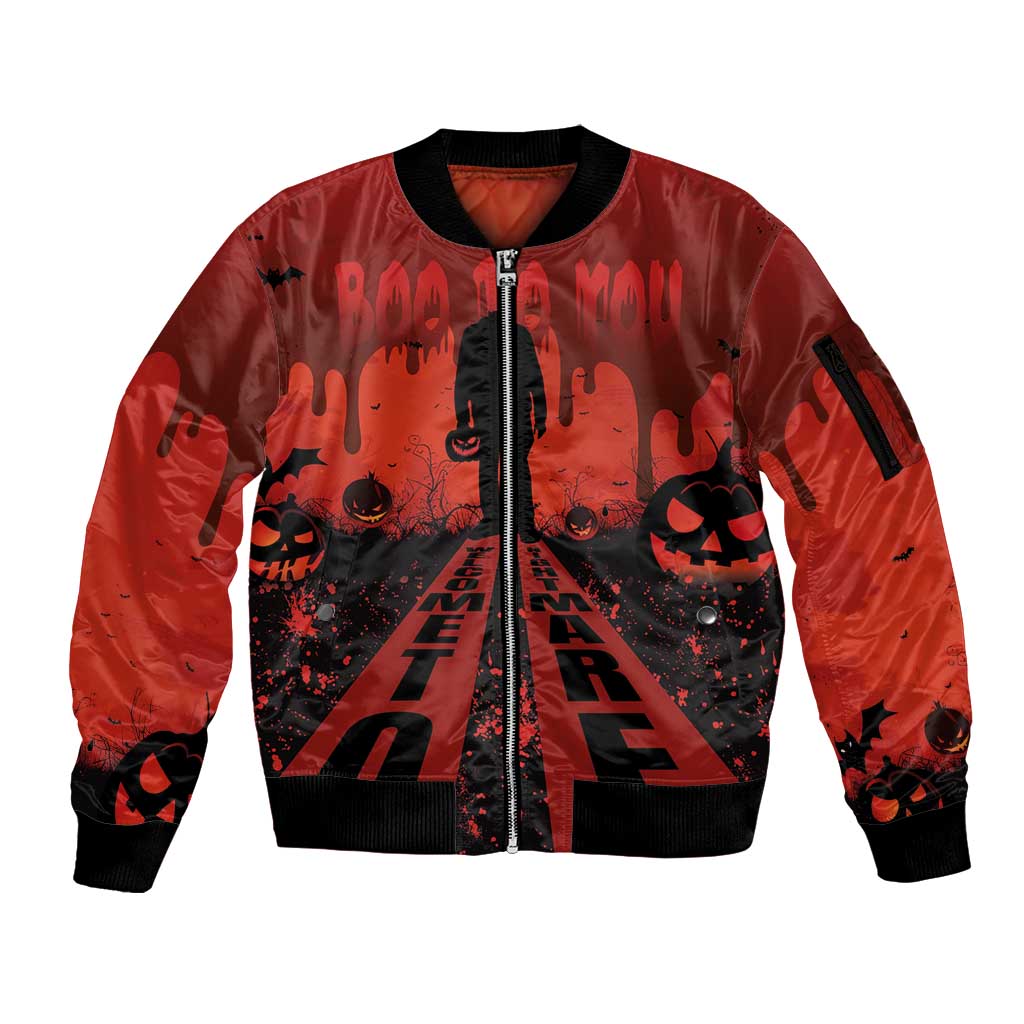 Halloween Nightmare Sleeve Zip Bomber Jacket Pumpkin-faced Jack O Lantern With a Scary Smile Blood Vibe - Wonder Print Shop