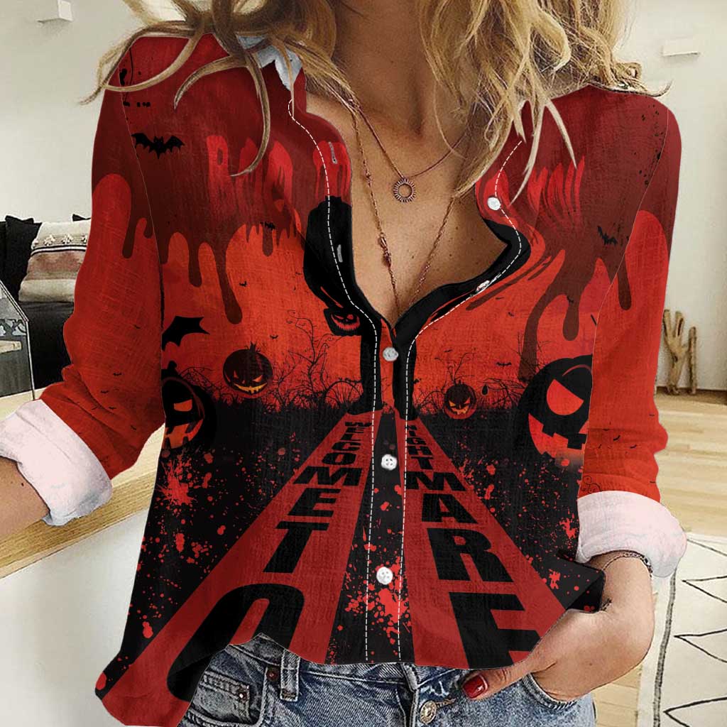 Halloween Nightmare Women Casual Shirt Pumpkin-faced Jack O Lantern With a Scary Smile Blood Vibe - Wonder Print Shop