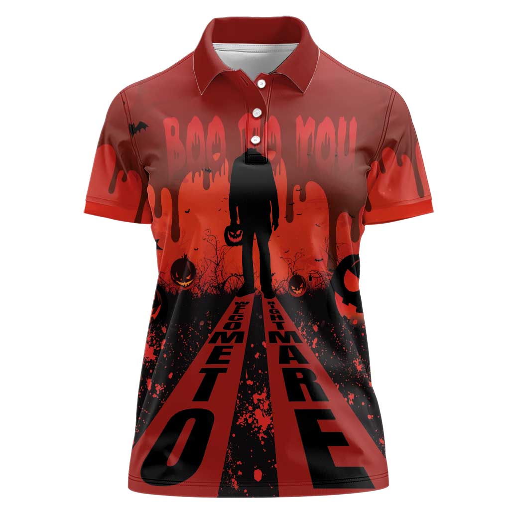 Halloween Nightmare Women Polo Shirt Pumpkin-faced Jack O Lantern With a Scary Smile Blood Vibe - Wonder Print Shop