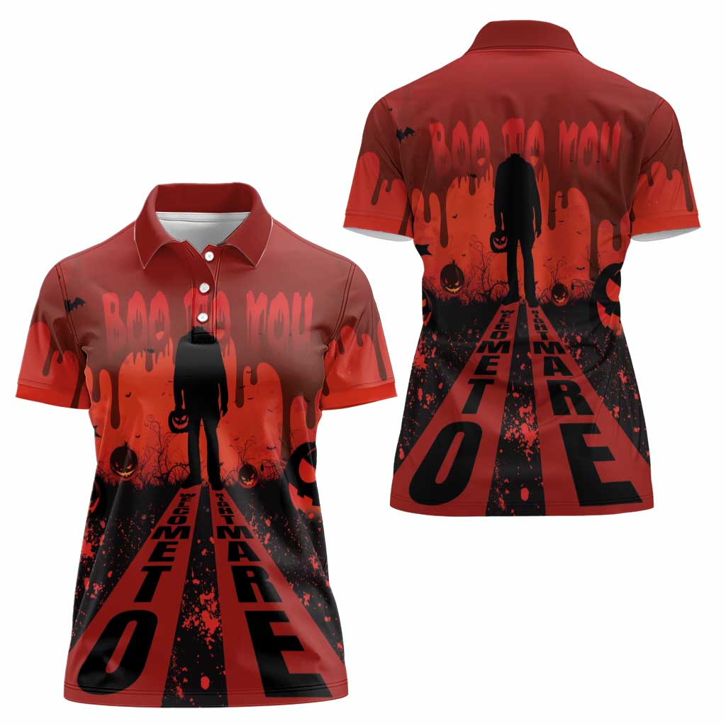 Halloween Nightmare Women Polo Shirt Pumpkin-faced Jack O Lantern With a Scary Smile Blood Vibe - Wonder Print Shop