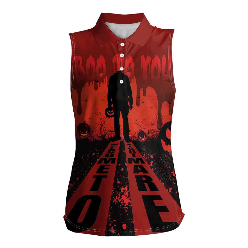 Halloween Nightmare Women Sleeveless Polo Shirt Pumpkin-faced Jack O Lantern With a Scary Smile Blood Vibe - Wonder Print Shop
