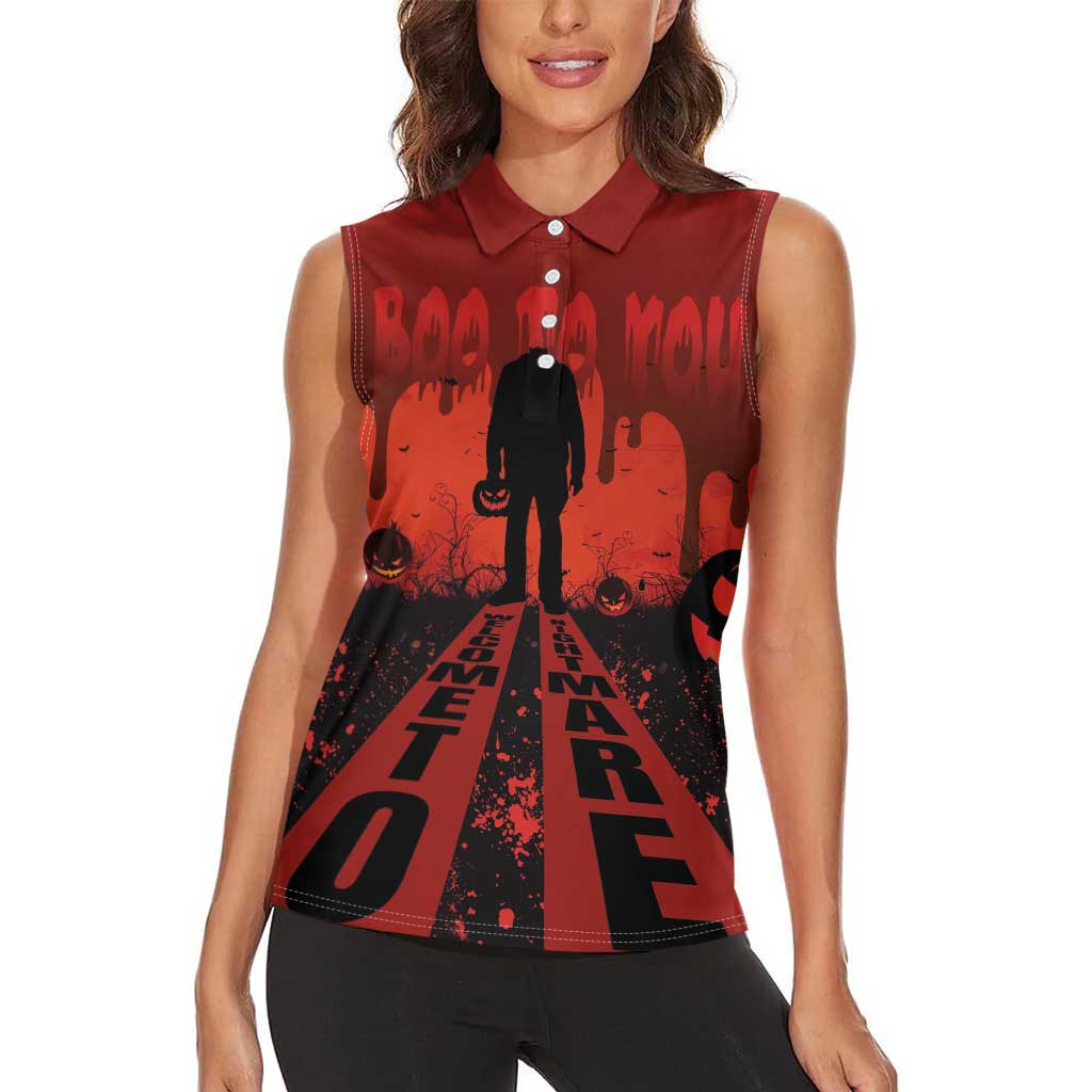 Halloween Nightmare Women Sleeveless Polo Shirt Pumpkin-faced Jack O Lantern With a Scary Smile Blood Vibe - Wonder Print Shop