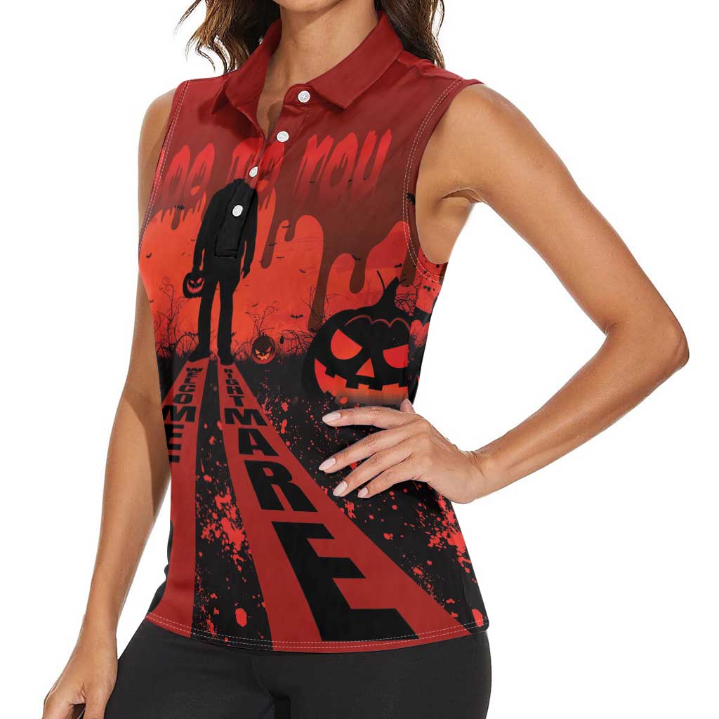Halloween Nightmare Women Sleeveless Polo Shirt Pumpkin-faced Jack O Lantern With a Scary Smile Blood Vibe - Wonder Print Shop