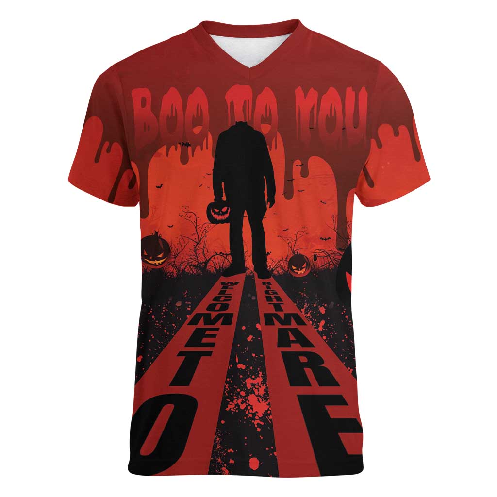 Halloween Nightmare Women V-Neck T-Shirt Pumpkin-faced Jack O Lantern With a Scary Smile Blood Vibe - Wonder Print Shop