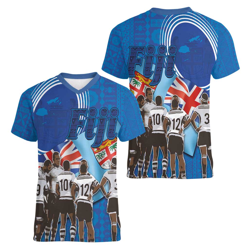Fiji Rugby Sevens Women V-Neck T-Shirt Commemorate Gold Medal - Rio de Janeiro 2016 - Wonder Print Shop