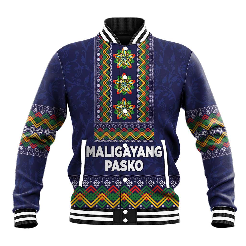 Philippines Merry Christmas Baseball Jacket Maligayang Pasko with Parol and Xmas Pattern Barong Style - Wonder Print Shop