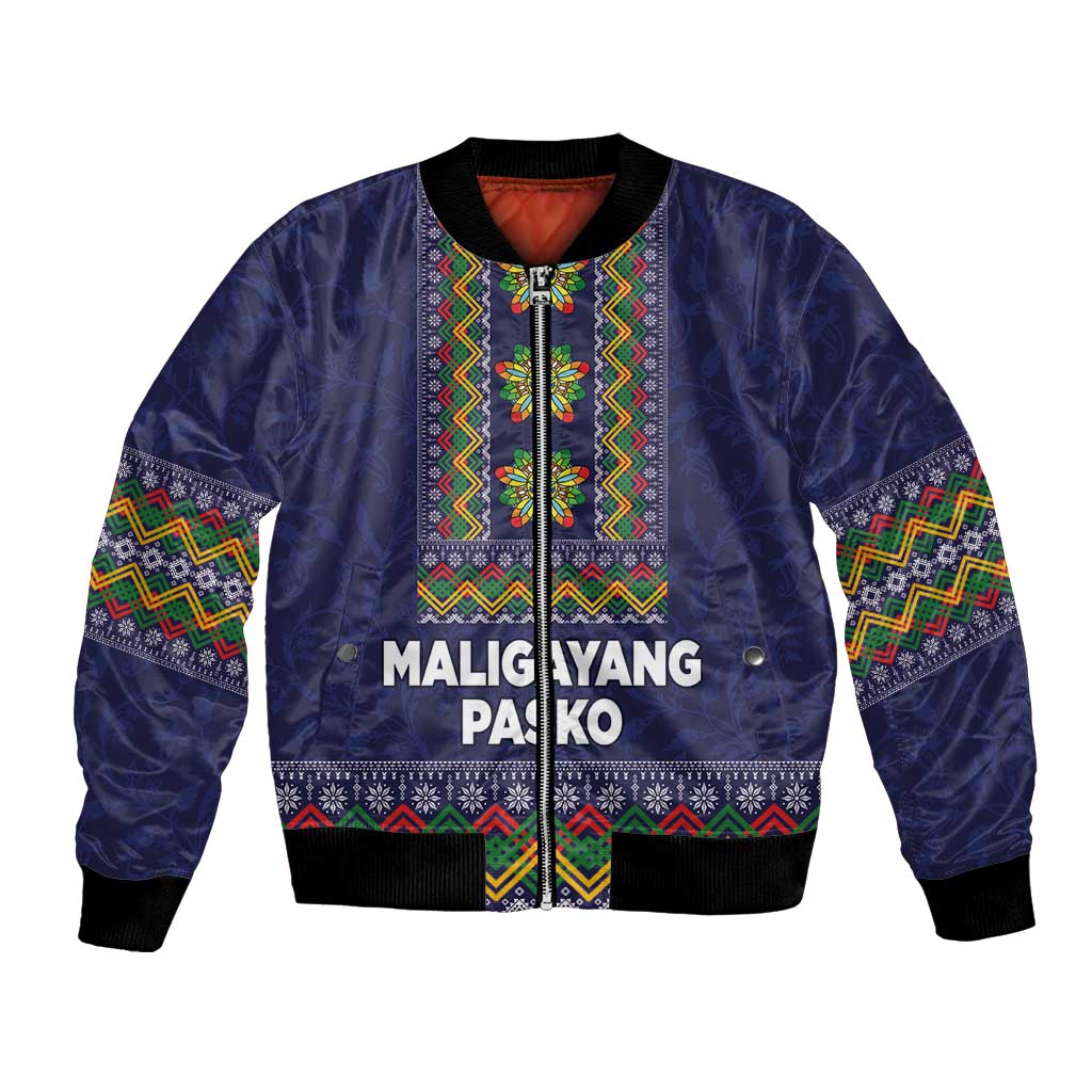 Philippines Merry Christmas Bomber Jacket Maligayang Pasko with Parol and Xmas Pattern Barong Style - Wonder Print Shop